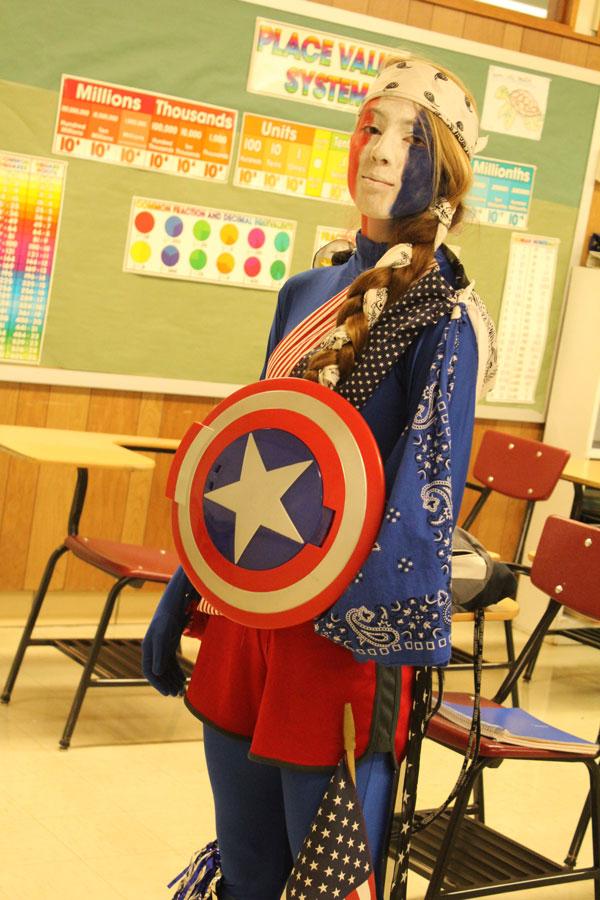 Sophomore Ashlyn Yoder  shows school spirit by wearing everything red, white and blue for USA day.