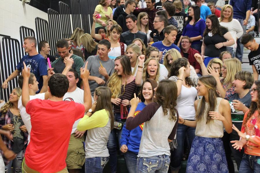 Senior+class+president+Thane+Henderson+plays+the+song+Celebration.+The+seniors+all+got+up+and+started+dancing.+