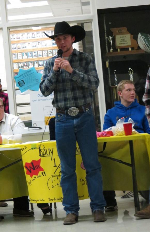 Junior Hunter Bagley looks for bidders at the FFA worker’s auction. For Bagley’s special talent, he was the auctioneer, auctioning off his fellow FFA members. 