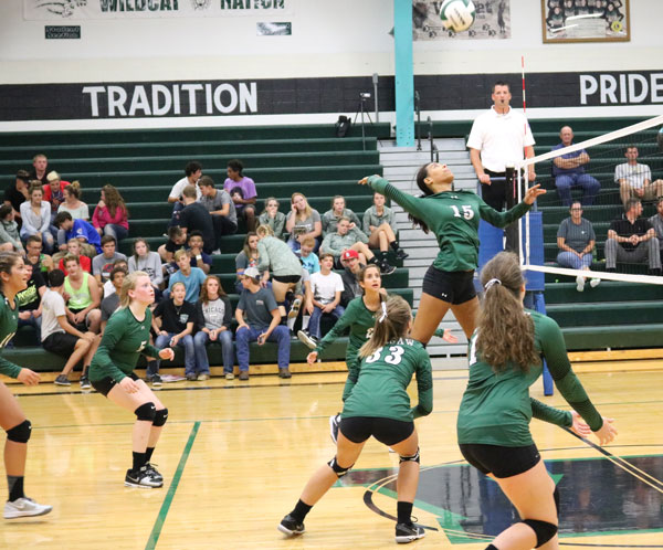 Ariaunna Johnson spiking the ball down on  Smithcotton player