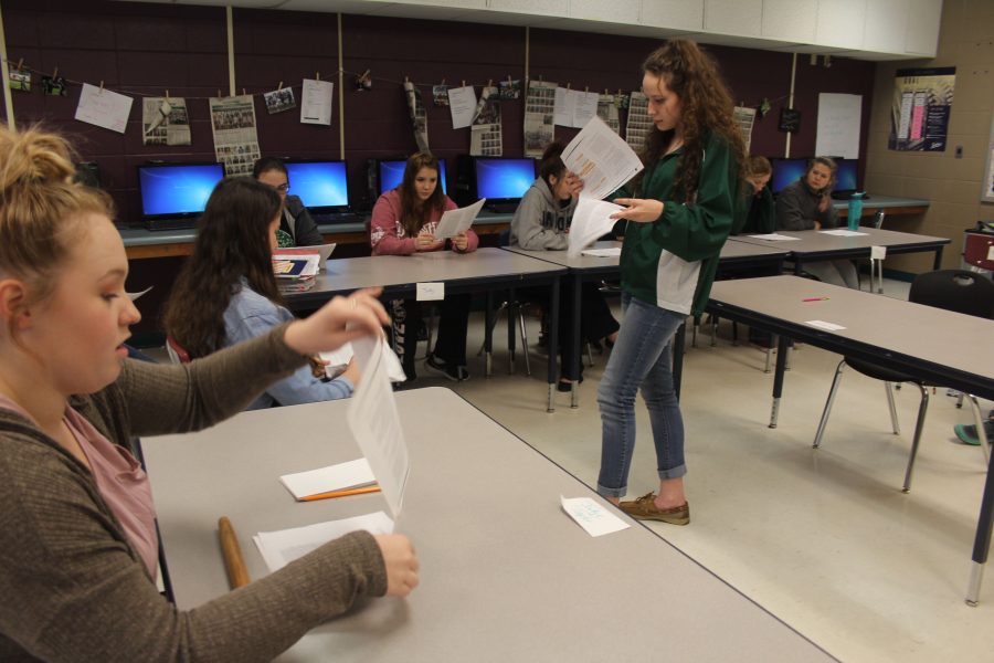 Sophomore Rylee Pals, Kamryn Yach, and Taylor Bunch participate in the script reading of To Kill a Mockingbird. All English 2 classes spent a week reenacting the trial scene from the book.