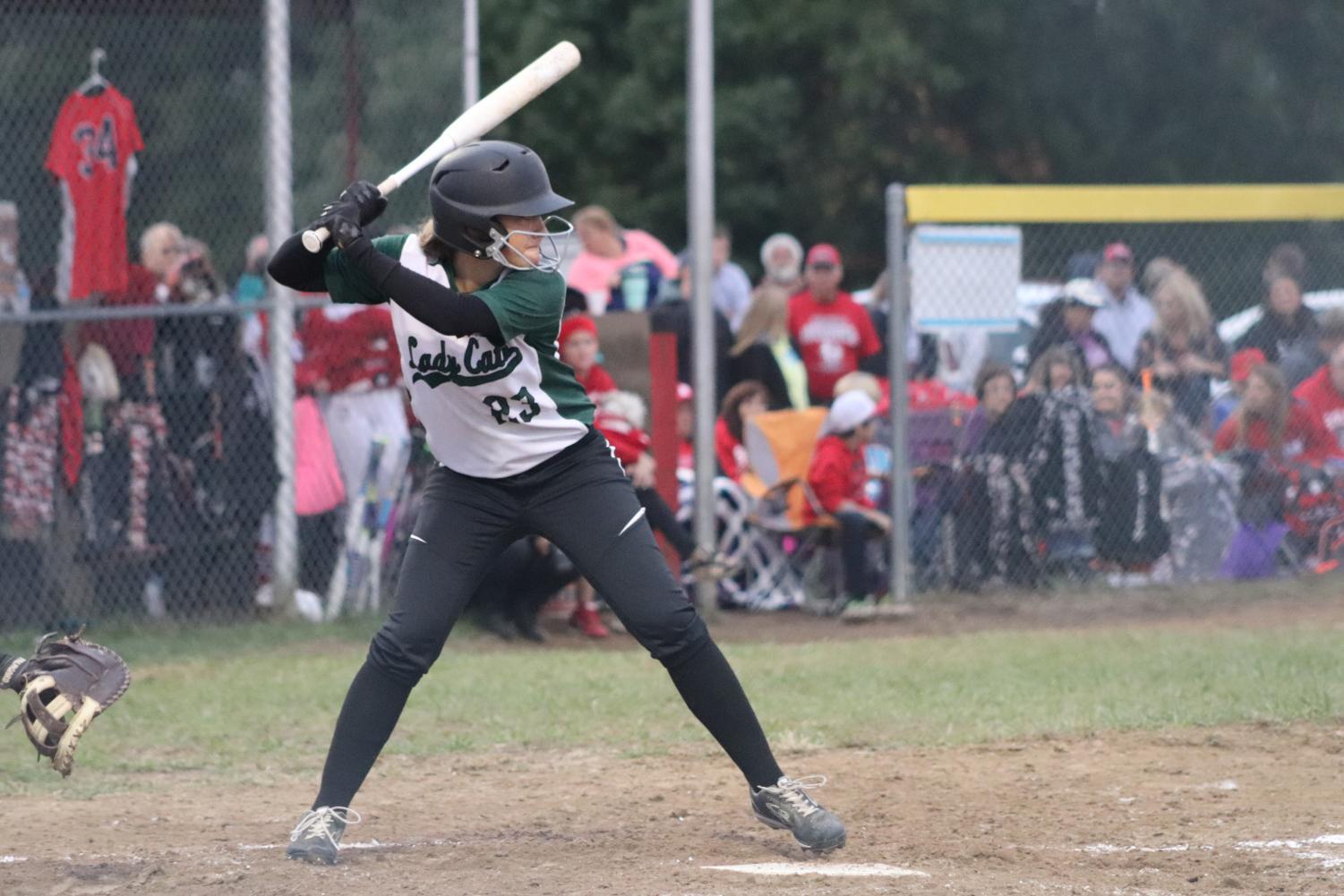 Sophomore Kiersten Grobe gets ready to bat against Dixon. The girls lost first round into sectionals 5-1.