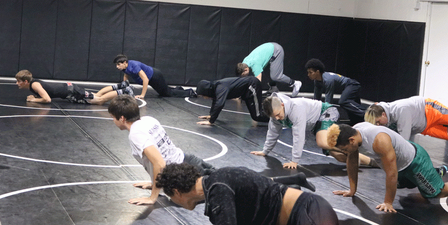The wrestling team begins their practice with a drill filled with up-downs. This form of conditioning is used to help prepare them for their first meet on December 2 at Knob Noster . Photo by Ally Estes
