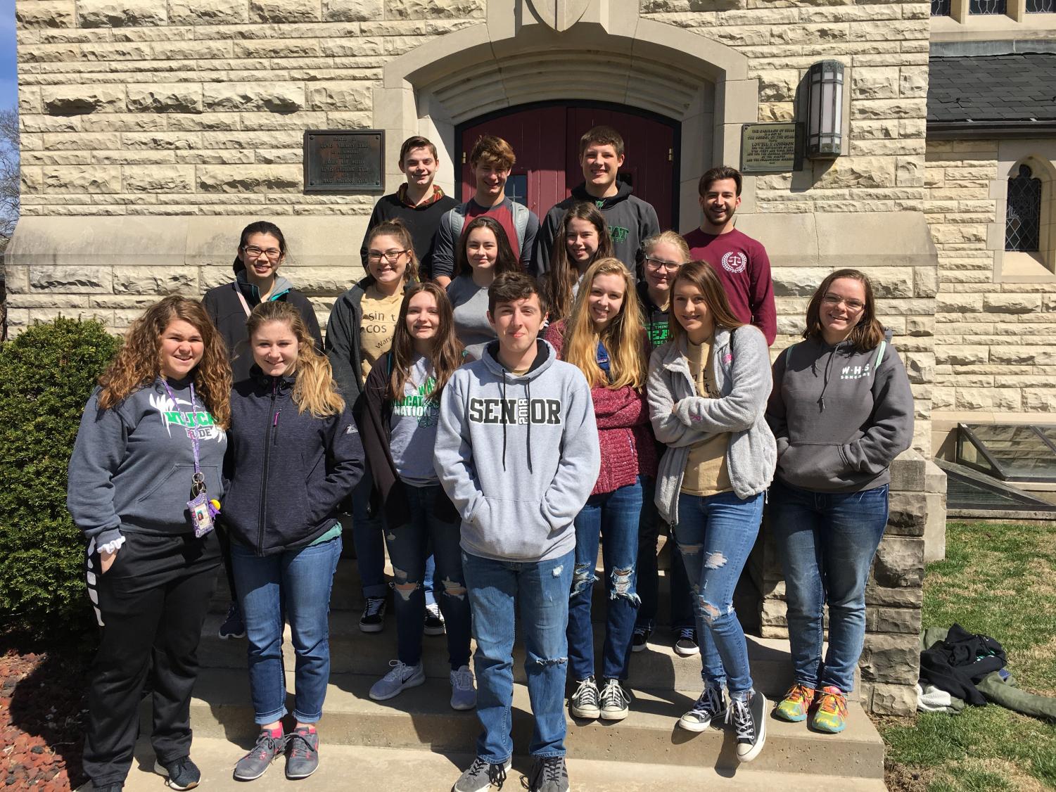 The mathletes traveled to the College of the Ozarks for a math competition on April 4. They included, (front row) freshmen Taylor Spry, Kylee Fajen, and senior Cody Wilson; (second row) freshman Haley Dwyer, juniors Jessie Glenn, Suzy Cortright, and freshman McKenzie Hensley; (third row) sophomore Elaine Ngo, freshman Lauren Kreisel, sophomore Gabrielle Porter, juniors Kamryn Yach, and Caitlin Dudenhoeffer; (fourh row)
sophomore Matthew Schrader, juniors Maleek Porter, Jacob Luebbert, and freshman Joe Montez. The Algebra team tied for 4th place and the Trigonometry team placed 5th.