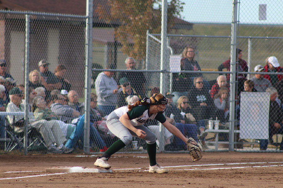 Freshman Karlie Jones covers first base against Willow Springs. The lady cats beat Willow Springs 11-1.