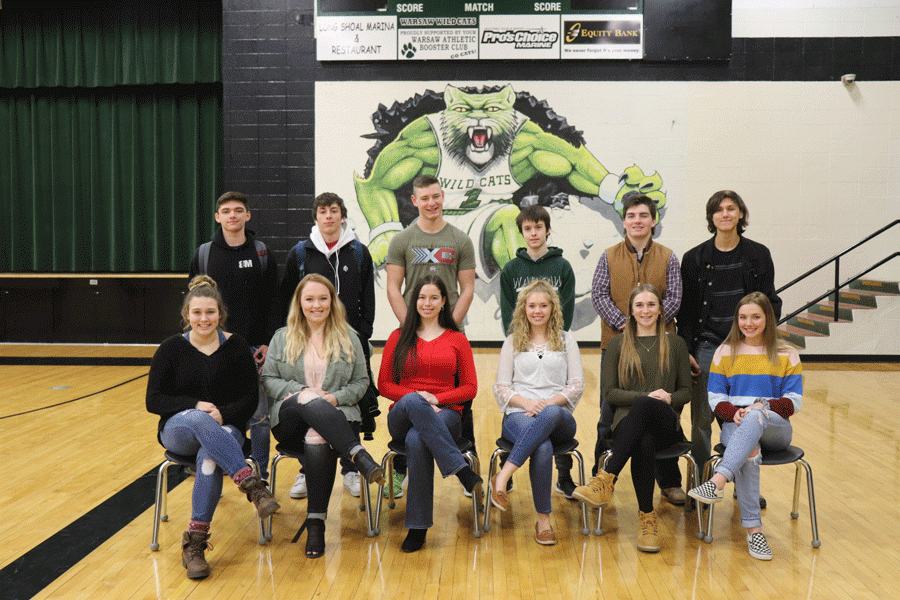Courtwarming royalty candidates pair up for the big night on Feb. 8. They include: (front row) senior queen candidates Jordan Plybon, Taylor Bunch and Kamryn Yach; junior princess candidates Andrea Merritt, Aubrie McRoberts and Rayni Simons; (back row) senior king candidates Riley Bagley, Logan Davis and Maleek Porter; junior prince candidates Riley Jelinek, Aidan Comer and Josh Simpson. 