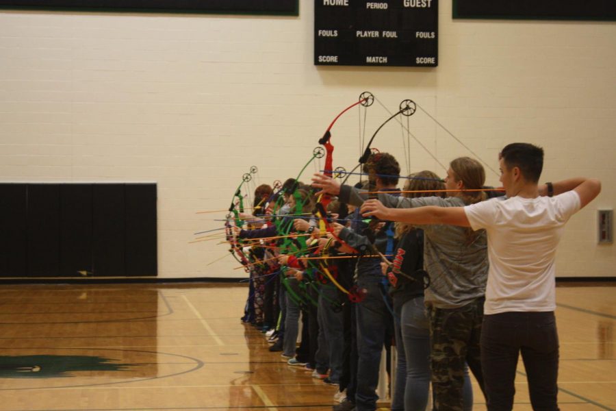 Members+of+the+Warsaw+Archery+team+take+aim+and+prepare+to+fire+at+their+targets.+Archers+practice+in+the+middle+school+gym+on+Tuesday+and+Thursday+mornings.