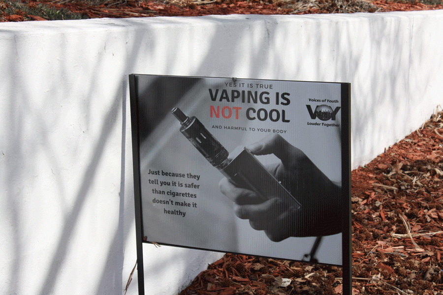 An anti-vaping sign stands at the entrance of the high school. School administrators have noticed an increase in vaping at the school this year. 