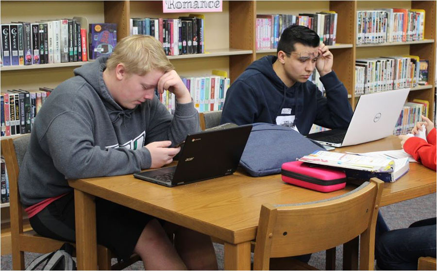 Juniors Logan Struck and Seth Huffman, work on online classes in the library media room. Both Strunck and Huffman have taken dual credit classes during fall semester. 