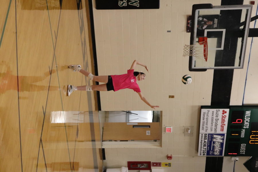Sophomore Ciara Kleihauer serves the ball during the Oct. 12 pink out game. 