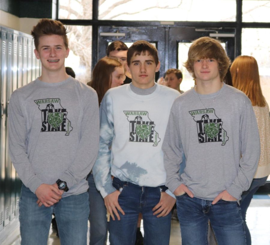 Juniors Hudson Karr, Donovan Campbell and Nick Bagley prepare to take their state walk before leaving for the state tournament on Feb. 16. It was Karr and Campbell’s first appearance at the state tournament.