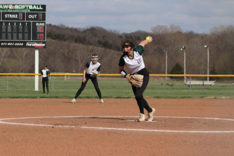 Freshman Brylee Brewster pitches from the mound against Buffalo on April 12. Brewster plays for the Ladycats and the KC Peppers. 
