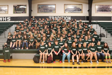 Freshmen take a class picture on the first day of school. Over 132 freshman joined the high school this year. “I am really looking forward to see what the years bring with the amount of students we have in my class,” freshman Tanna Howe said.