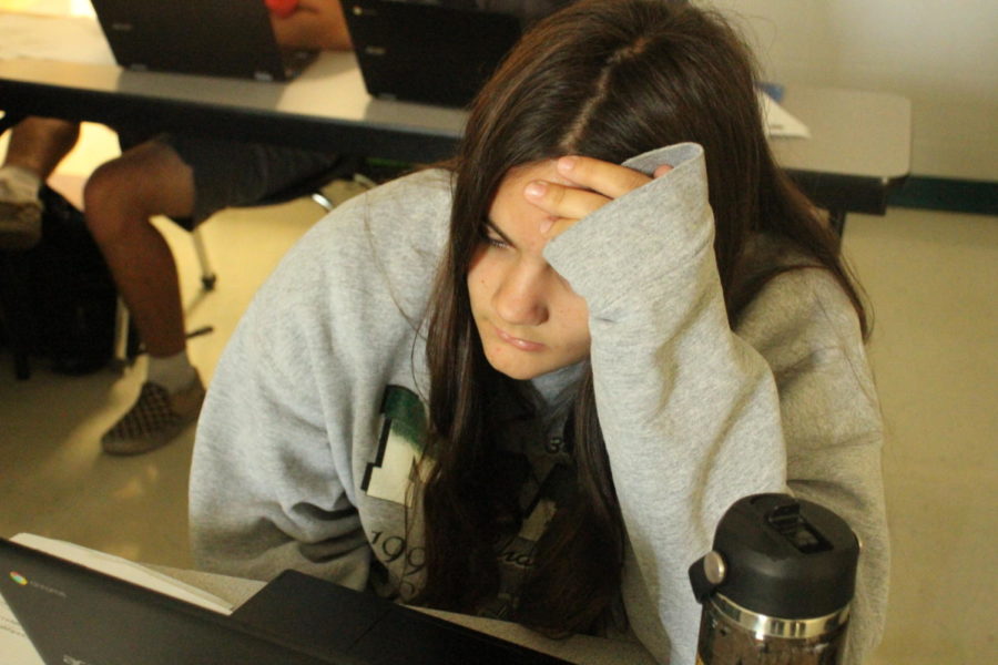 Freshman Chloie Jordan is stressing out while in math class . 