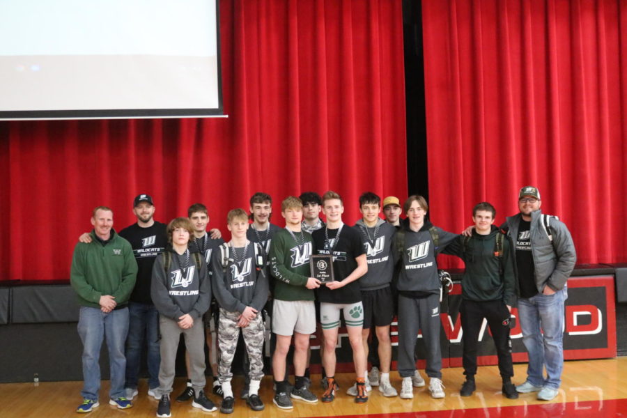 Warsaw wrestlers celebrate their conference win on Jan 19. It was their first Ozark Highland Conference championship
