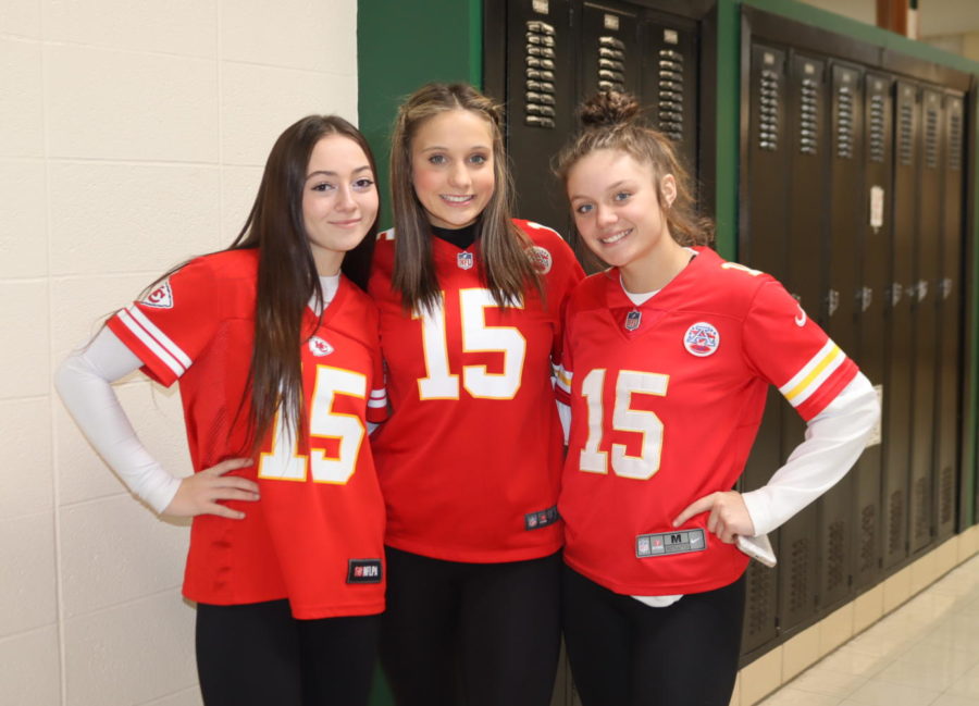 Sophomore Keira Mostaffa, Brylee Brewster and freshman Tanna Howe wear Patrick Mahomes number 15 during Chiefs spirit week.