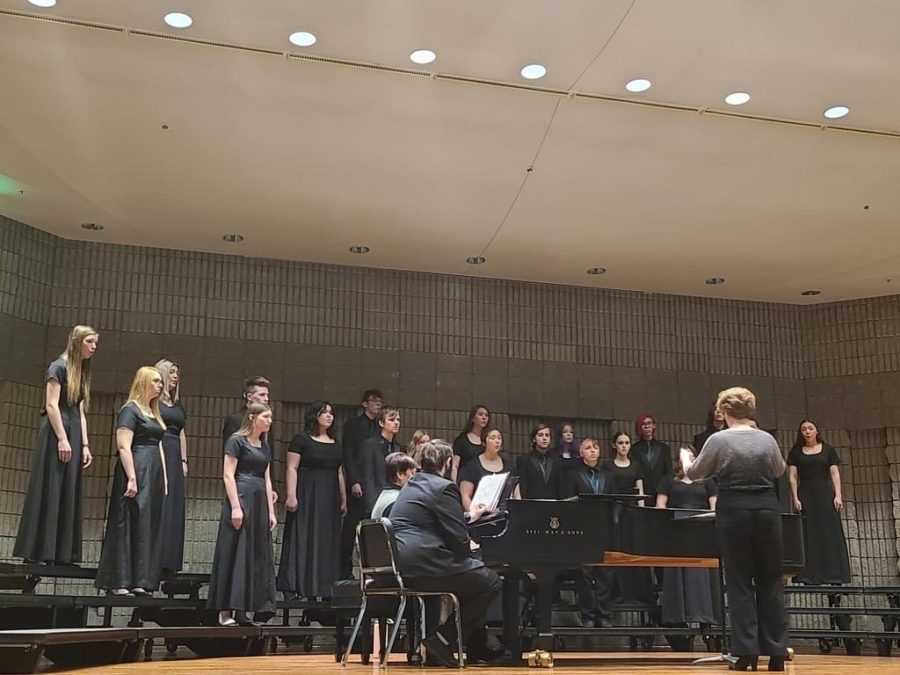 Madrigal performs “Weep, O Mine Eyes” by John Bennet on April 1 at Southwest Baptist University. The Musicians sang a total of two songs at the state contest to earn their gold “Exemplary” rating.