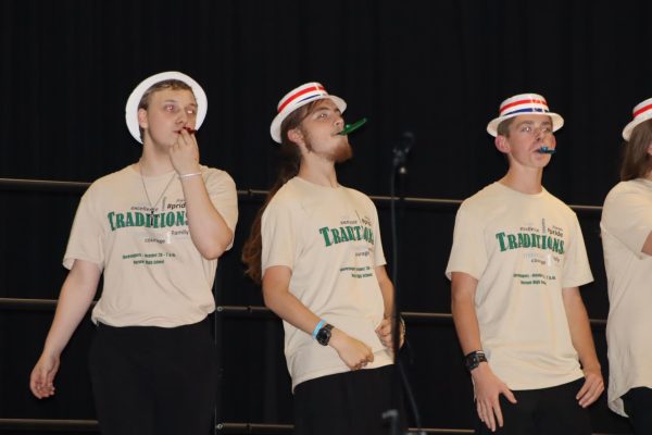 Senior Connor Mays and juniors Elijah Long and Jaxson Deckard play the kazoo’s during Showstoppers. The boys partcipated with a Men’s chorus and performed “Barbershop Blues.”