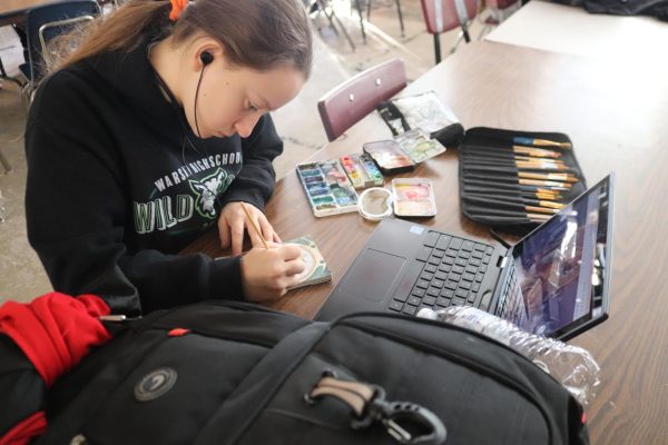 Junior Marissa Ricke uses her computer for ideas to paint on her canvas for an art project.