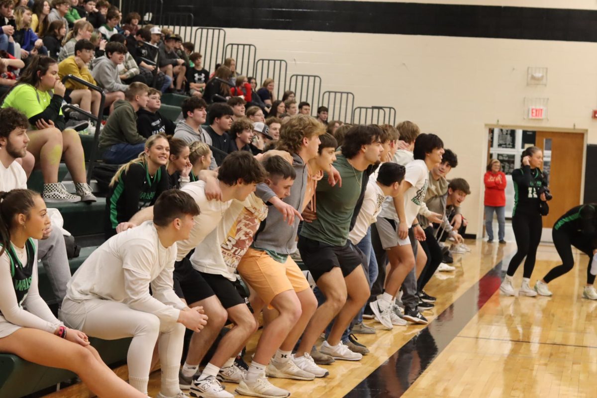 Junior and Sophomore boys go Swag Surfin’ during the Courtwarming assembly. “Swag Surfin’ has became a traditional thing in the Chiefs kingdom,” junior Carter Howell said.