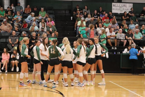 Ladycats varsity team huddles up mid-game. The Ladycats took the win against the Lincoln Cardinals, on Sept. 3. “I think the first game really set the tone for our season. We already have grown so much as a team, and ready to prove it the rest of the season,” libero Tanna Howe said.