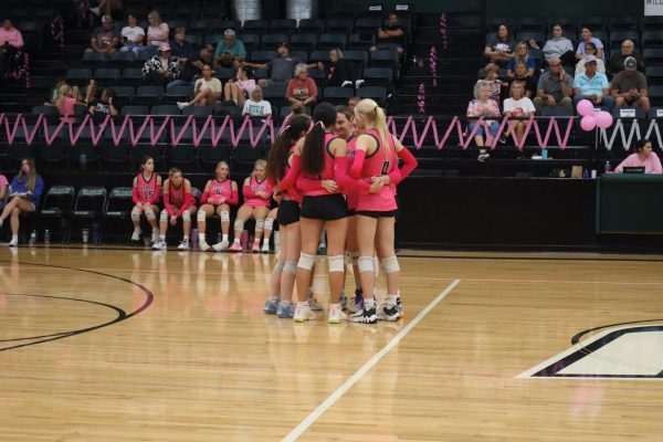 Ladycats huddle during the Pink Out game against Adrian on October 10. They lost the matchup in three sets.
