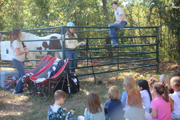 FFA members Jovi Robertson, Bella Schwartz, and Kylie Wake talk to elementary students about horsemanship. The horse is named, “Cowboy.”