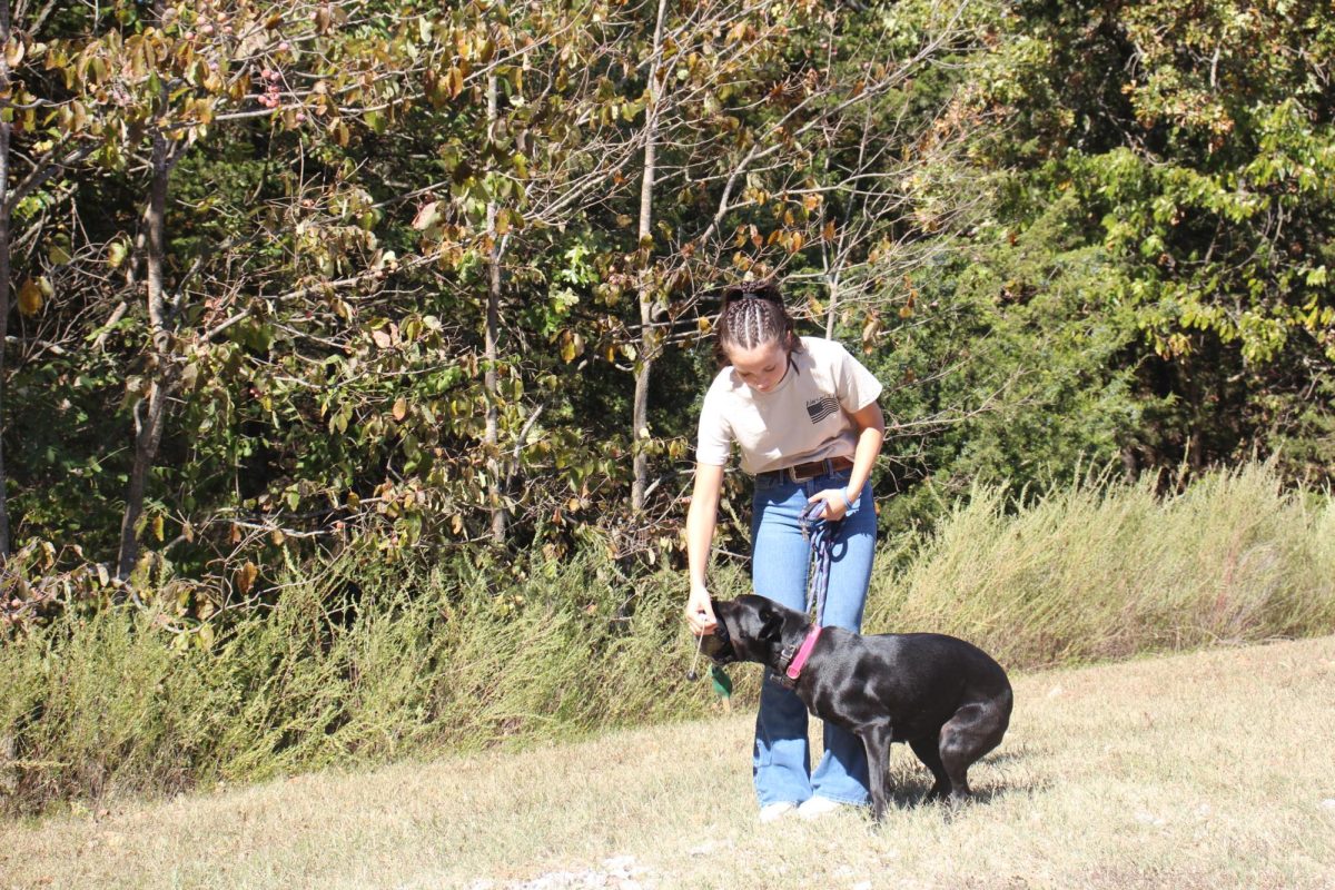 Freshman Braylee Cunningham removes the toy duck from her dog’s mouth. Cunningham demonstrated what her hunting dog could do. 