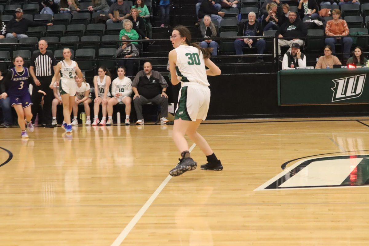 Sophomore forward Jenna Gerken catches the ball at the top of the key before making a pass. The Lady Cats opened their season with a win against Hermitage 63-17.