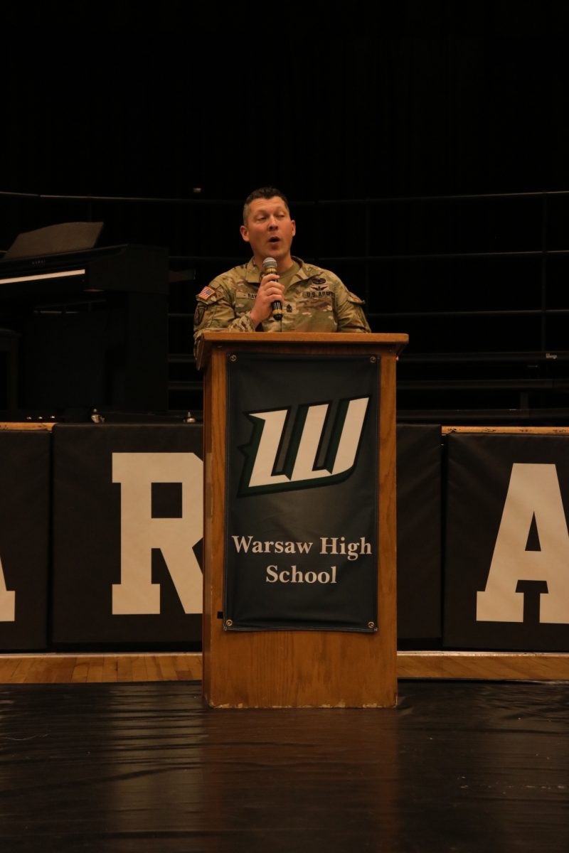 Guest speaker Sergeant Major Patrick Ray 
shares his experiences in the Army at the assembly on Nov. 8. Sergeant Major Ray shared stories about his time on active duty.
