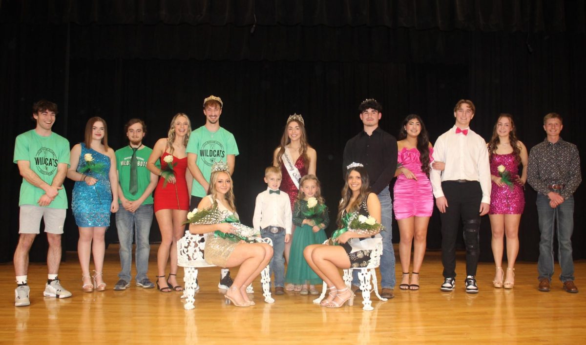 Courtwarming royalty celebrates after coronation. They included: (front row) king Logan Gemes, queen Keira Mostaffa, Reed Eireman, Clara Adler, prince Josh Harvath, and princess Hailey Ferguson; (back row) seniors Shane Poyser, Hazel Thompson, Elijah Long, Haylee Cobb, Logan Gemes, 2024 queen Angela Konopasek, juniors Hazal Uelker, Ayden Burdick, Natalie Banfield, and Wesley Jackson.