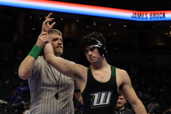 Junior Josh Harvath gets his hand raised after winning his match. Harvath placed fifth at the state tournament. 