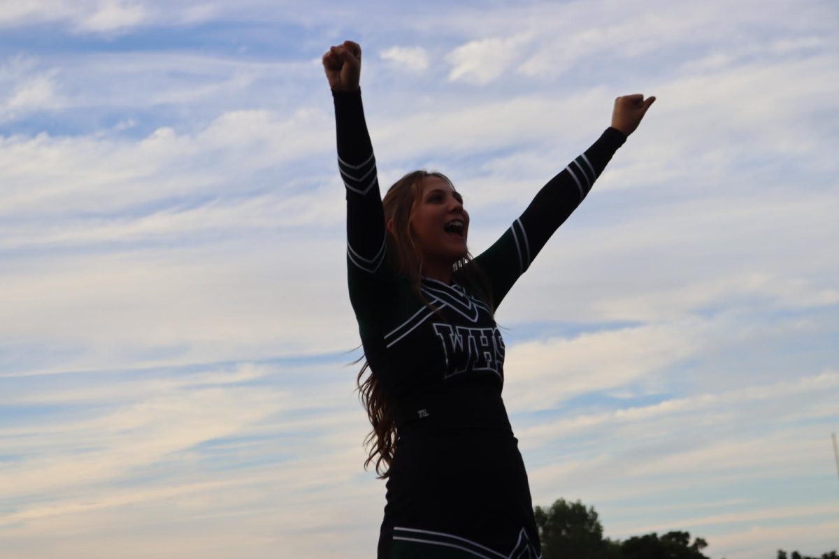 Junior caption Jovi Robertson rally's the crowd for the football game.