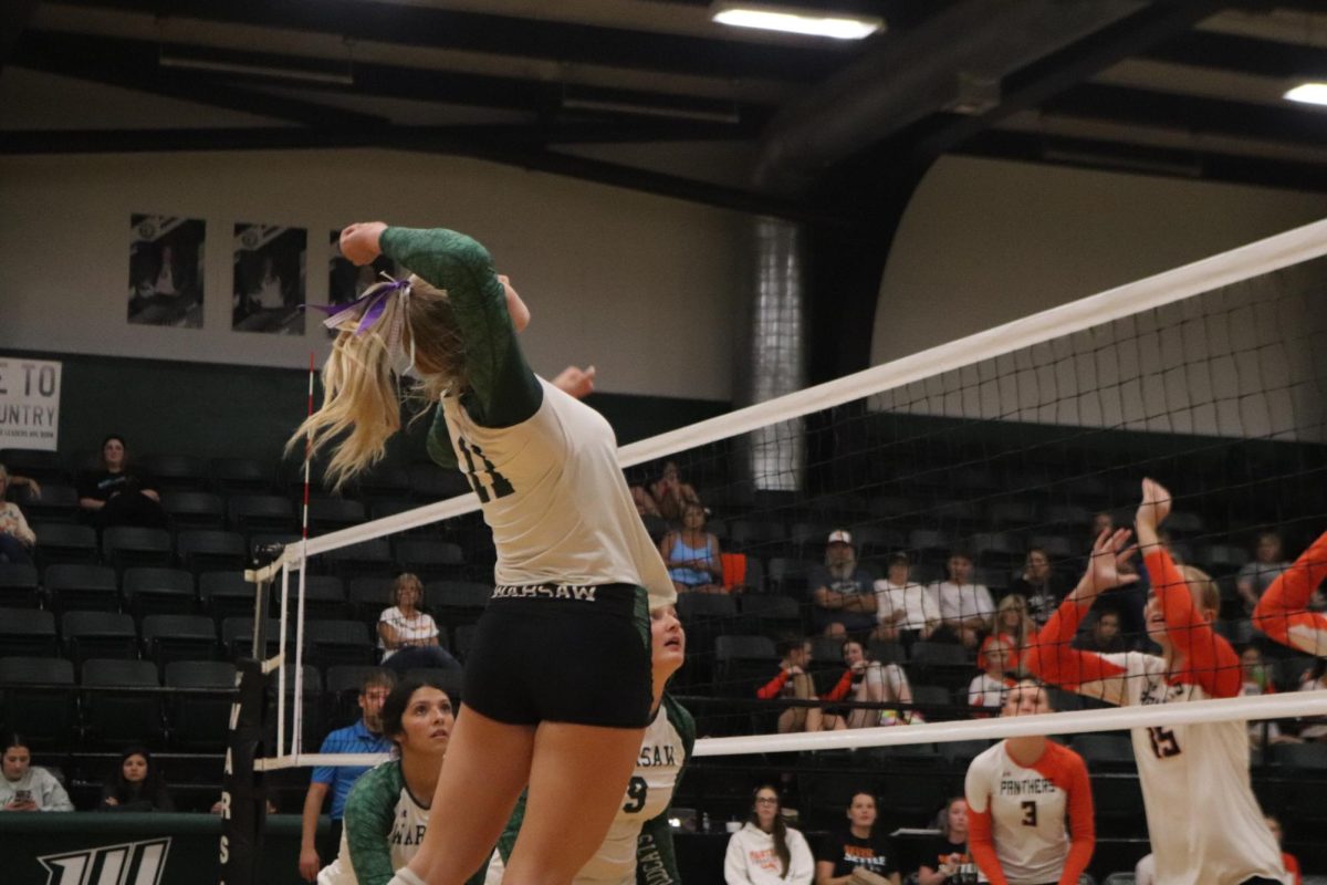 Junior Mady Reimund jumps up to smack the ball back at the opposing team. “When I hit I try to be mindful with my ball placement,” Reimund said.