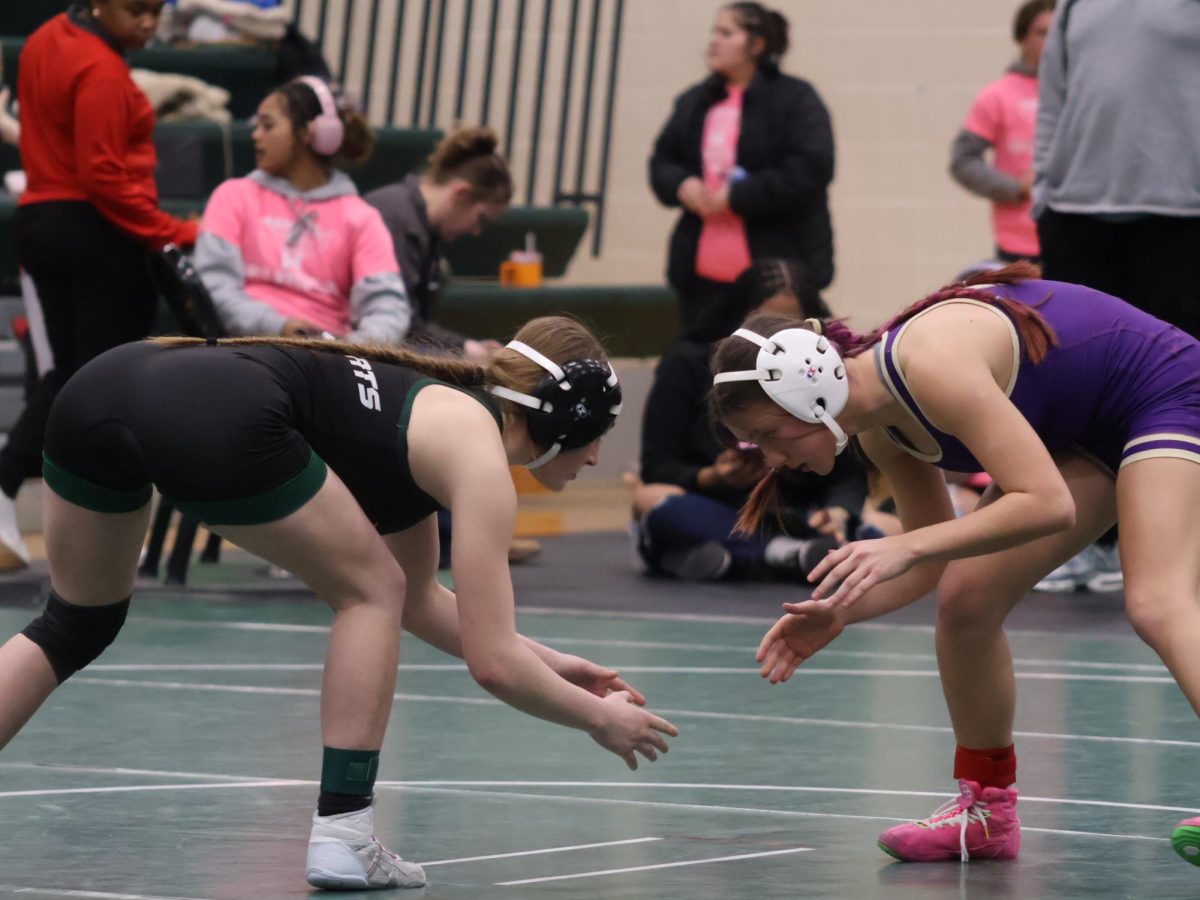 Junior Izabella Schierholz squares up at the start of a match, preparing to engage during a varsity girls wrestling meet at Warsaw.