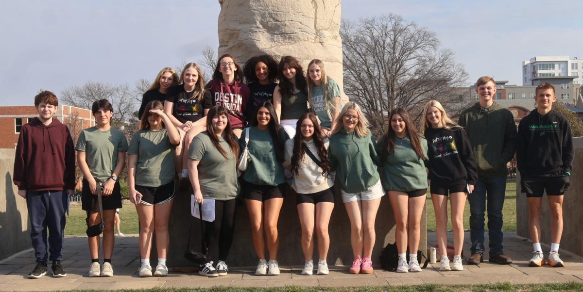 2026 Yearbook and Journalism staff stand infront of the columns at Mizzou during JDay on March 25. 
Top row: Sophomores Amelia Roberts and Alyssa Boyd, junior Jenna Gerken, sophomore Addison Hill, and freshmen Ila Ethridge and Alexis Brown-Jones. 
Bottom row: Freshmen Jackie Murphy,, Raiden Dotson, and Destiny Miller, seniors Abbey Wilson, Hailey Ferguson, Tanna Howe, and Aubree Smith, sophomore Lexi Wynn, junior Bailey Burnworth, freshman Lincoln Vaughn, and sophomore Isaac Daughenbaugh. 